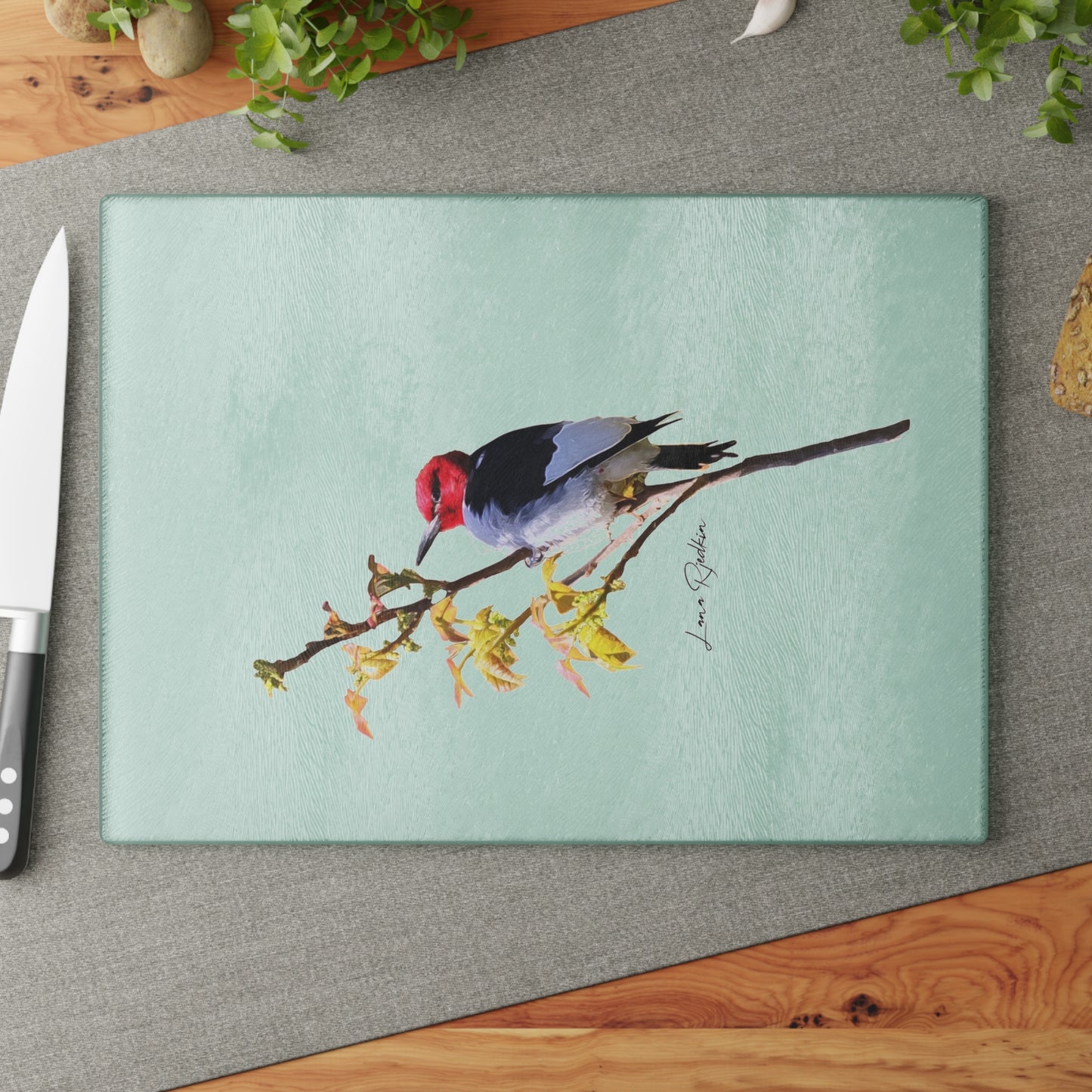 Redheaded Woodpecker: Glass Cutting Board