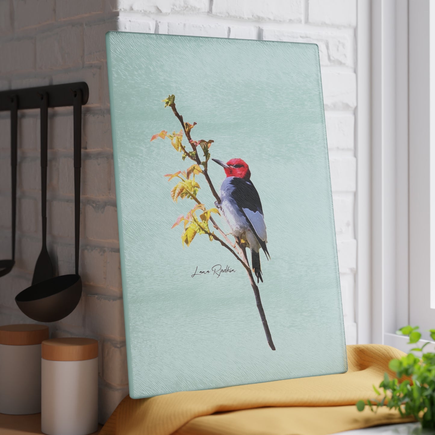 Redheaded Woodpecker: Glass Cutting Board