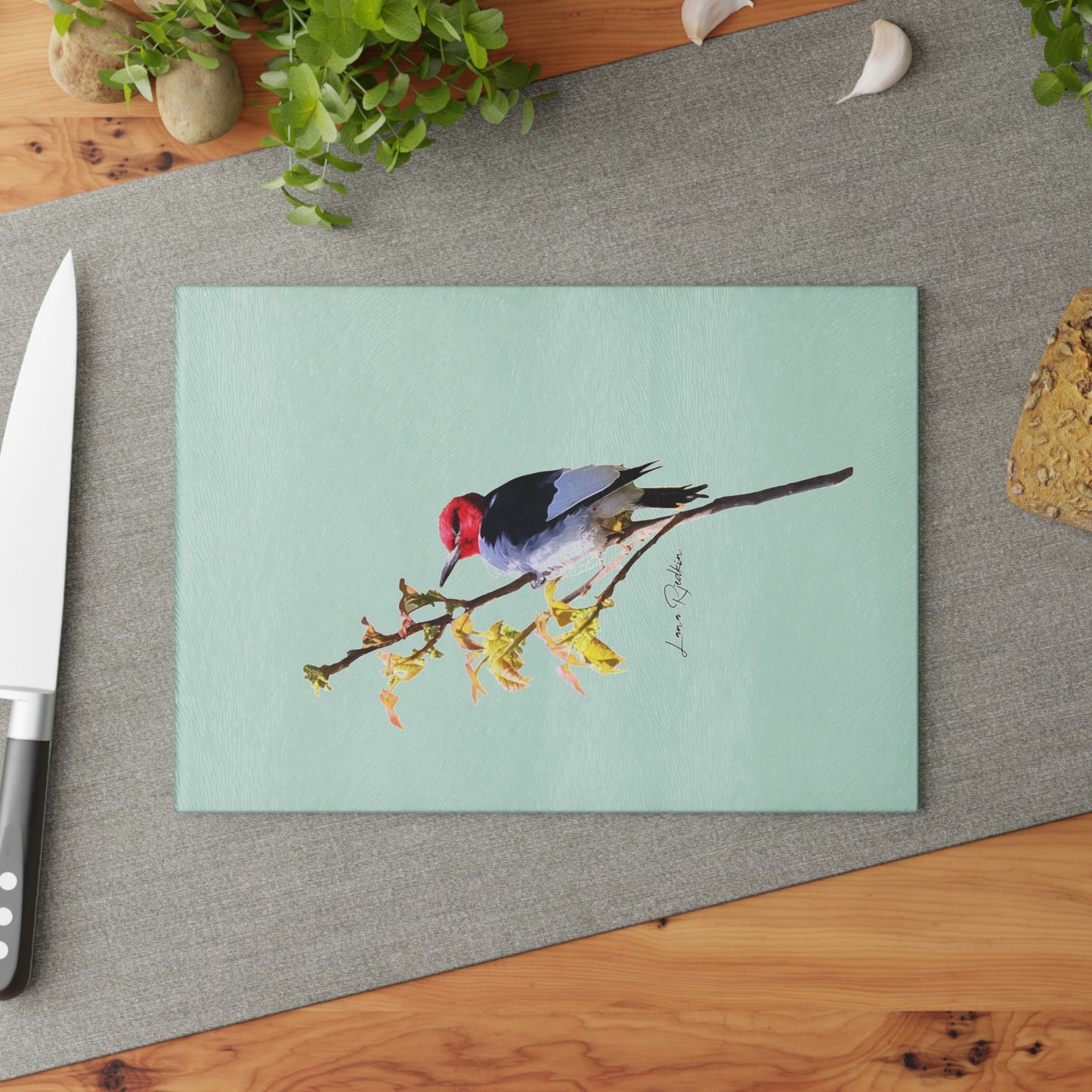 Redheaded Woodpecker:  Glass Cutting Board