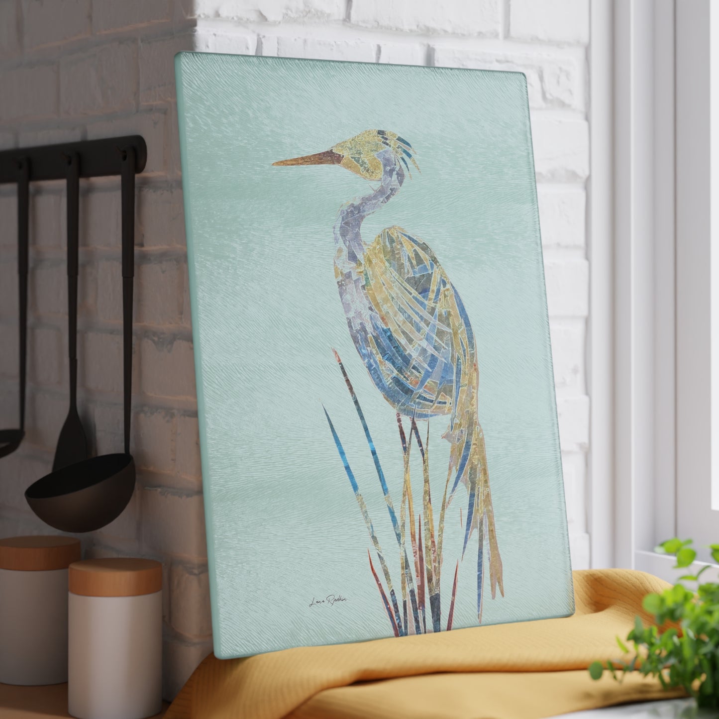 Heron Mixed Media Art:  Glass Cutting Board