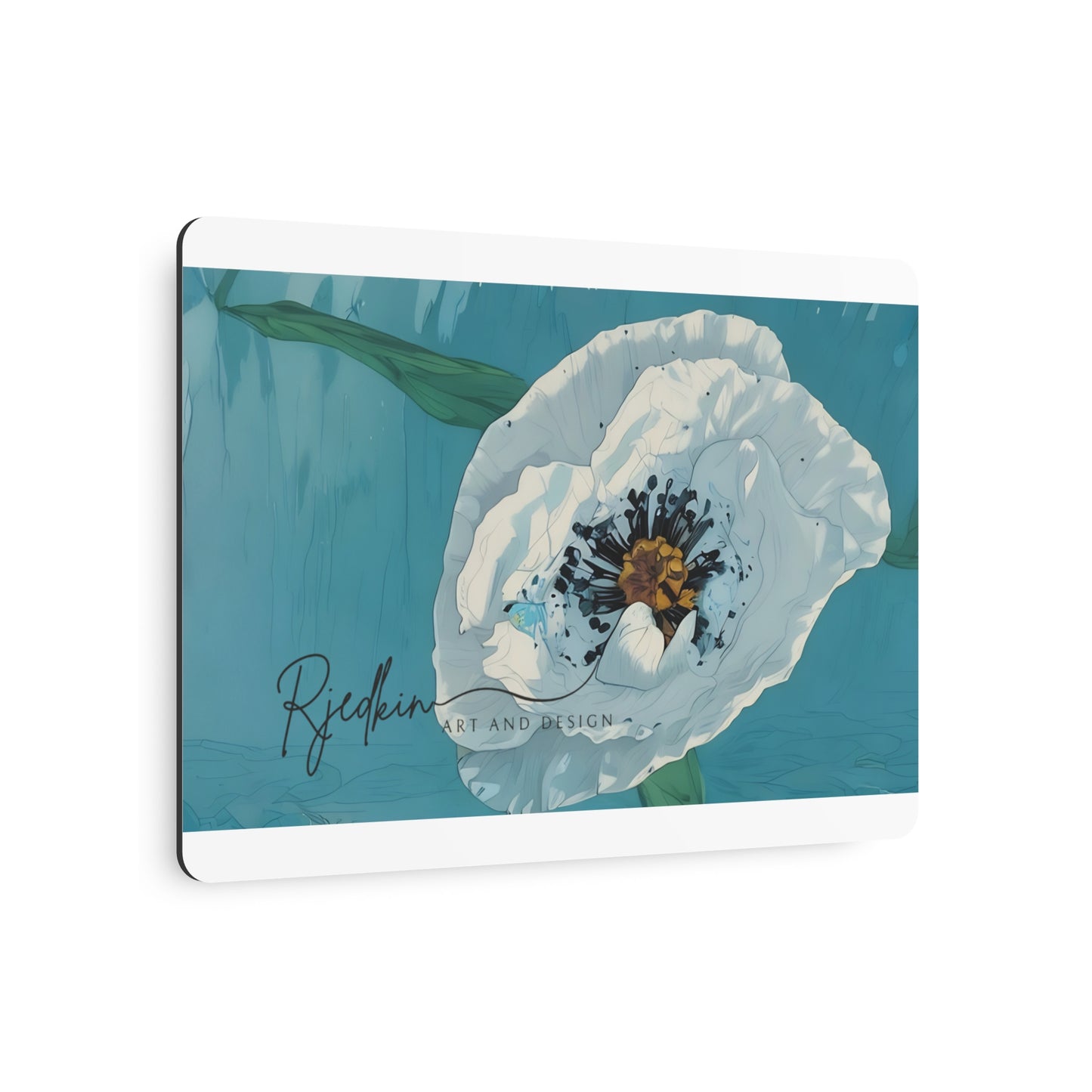 Metal Art Sign — White Poppy Floral Wall Décor on Teal Background