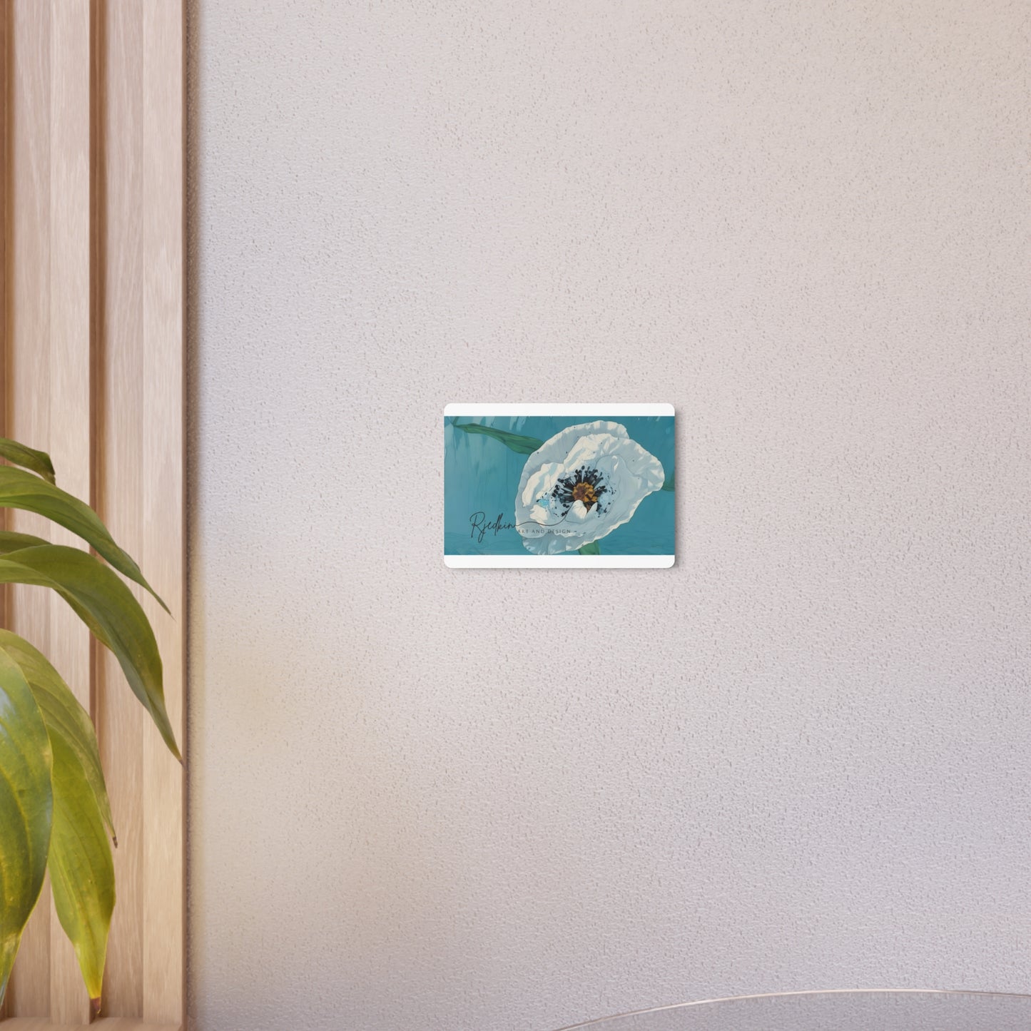 Metal Art Sign — White Poppy Floral Wall Décor on Teal Background