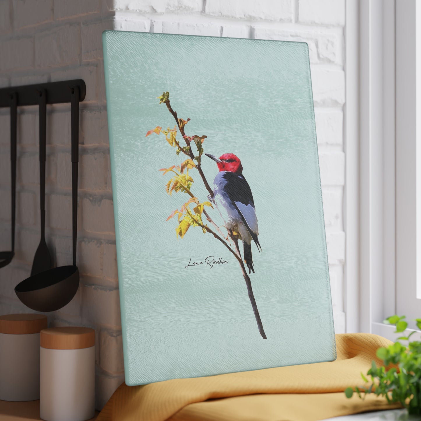 Redheaded Woodpecker:  Glass Cutting Board