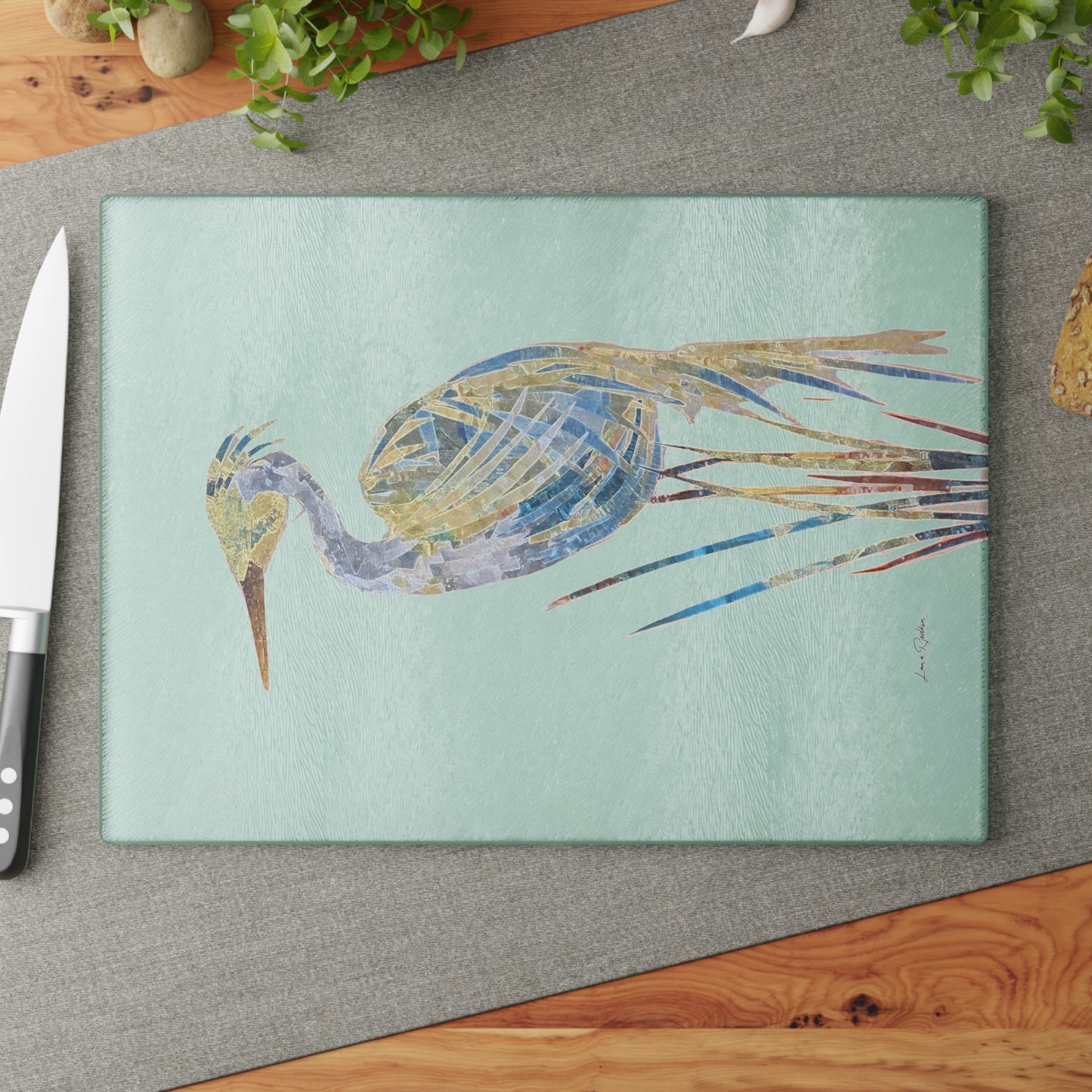 Heron Mixed Media Art:  Glass Cutting Board