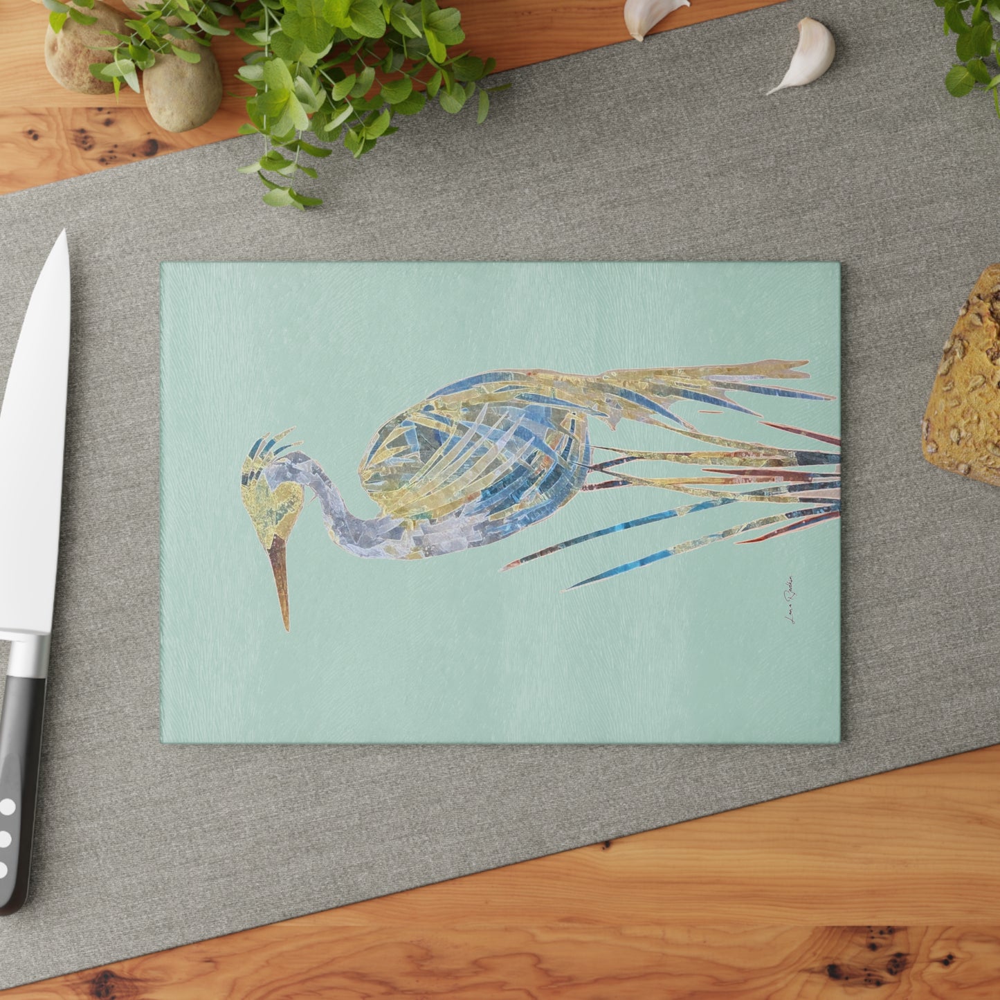 Heron Mixed Media Art:  Glass Cutting Board