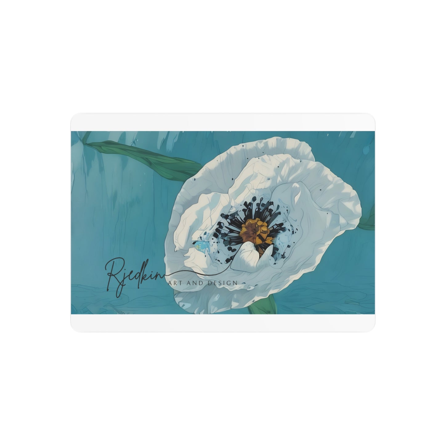 Metal Art Sign — White Poppy Floral Wall Décor on Teal Background